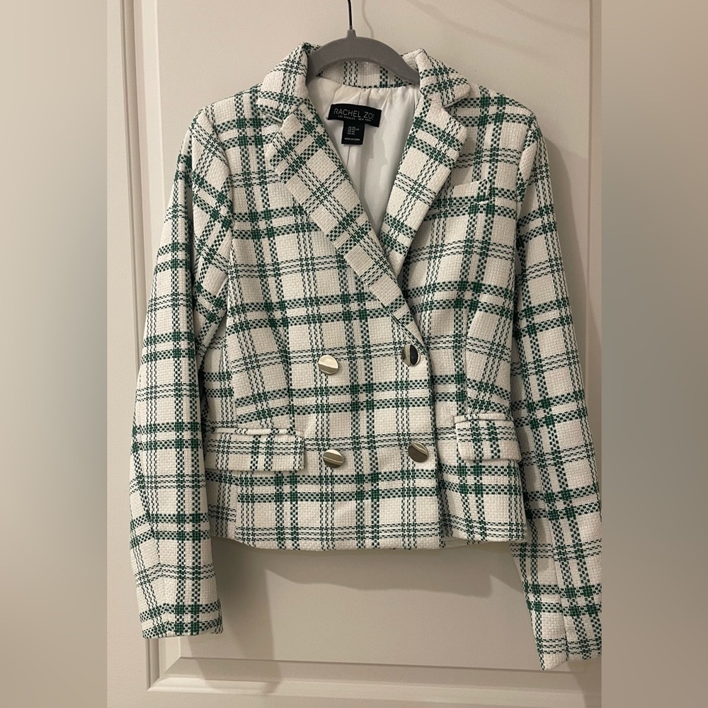 Kelly green and white checked blazer from Rachel Zoe with silver buttons.